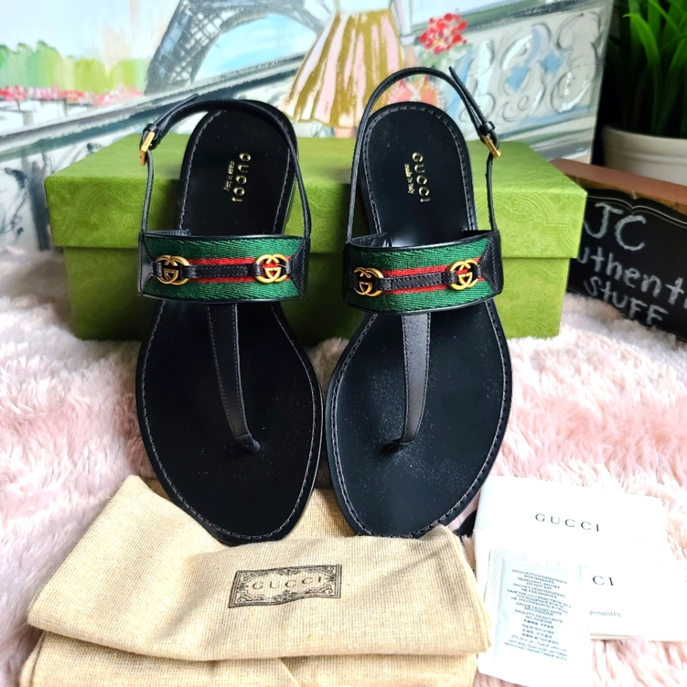 GUCCI Nylon Web Lifford Jakarta leather Sandals, black